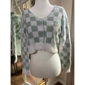 Y2K Women's Large Cardigan Cropped Mint White Checkered Size Large soft & fuzzy